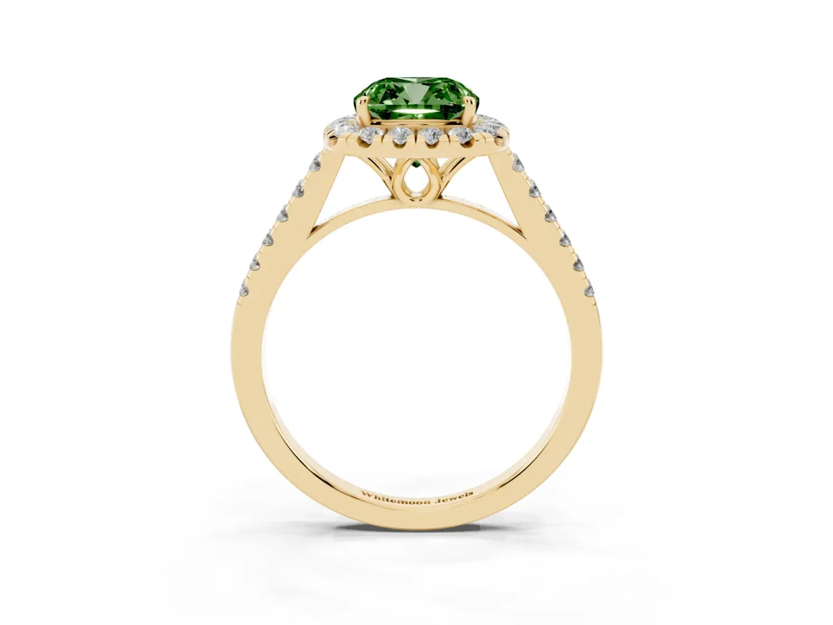 Fancy Green Cushion Cut Halo Pavé Diamond Engagement Ring with Four-Prong Setting Yellow gold