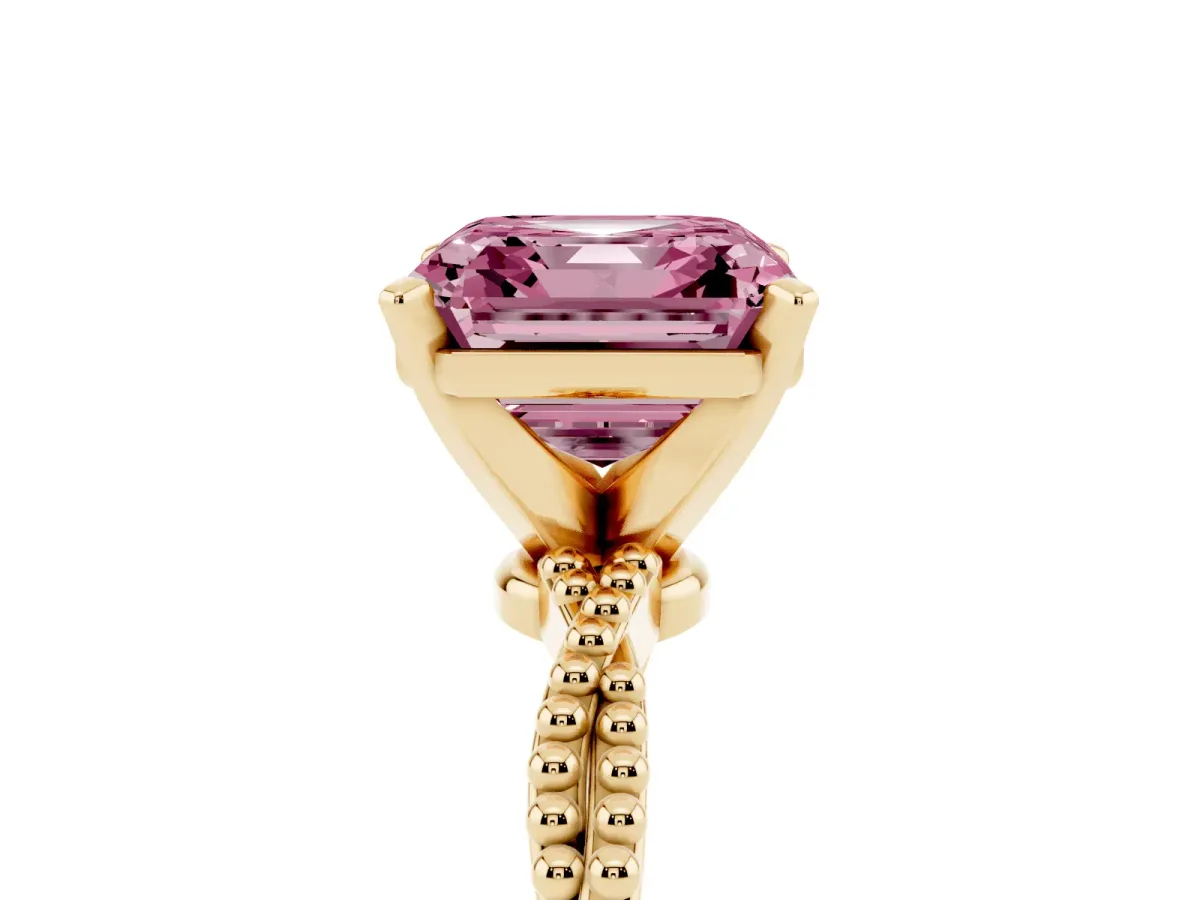 Fancy Pink Asscher Cut Solitaire Twisted Band with Bead Prong Setting Yellow gold