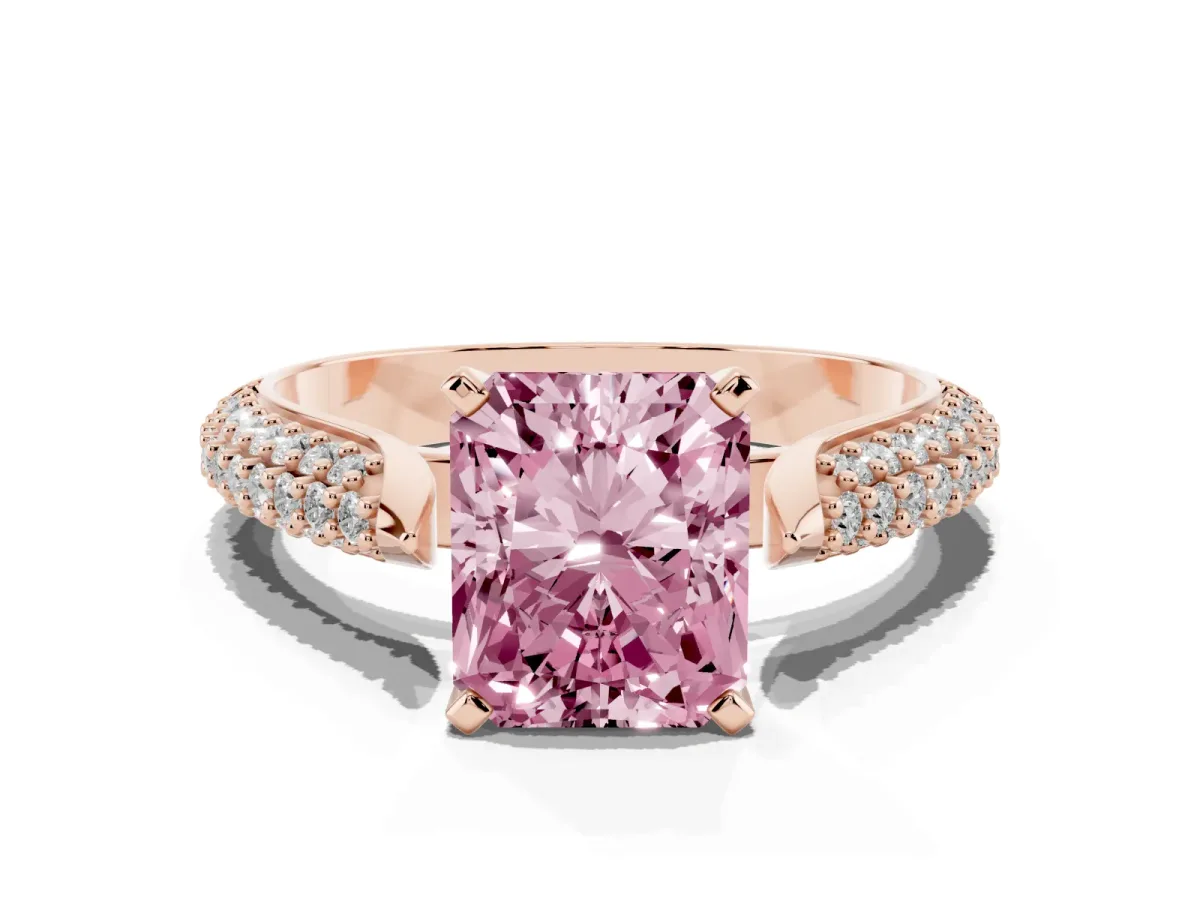 Fancy Pink Radiant Cut Diamond Solitaire Engagement Ring with Multi-Row Round Pavé Band and Prong Setting Rose gold