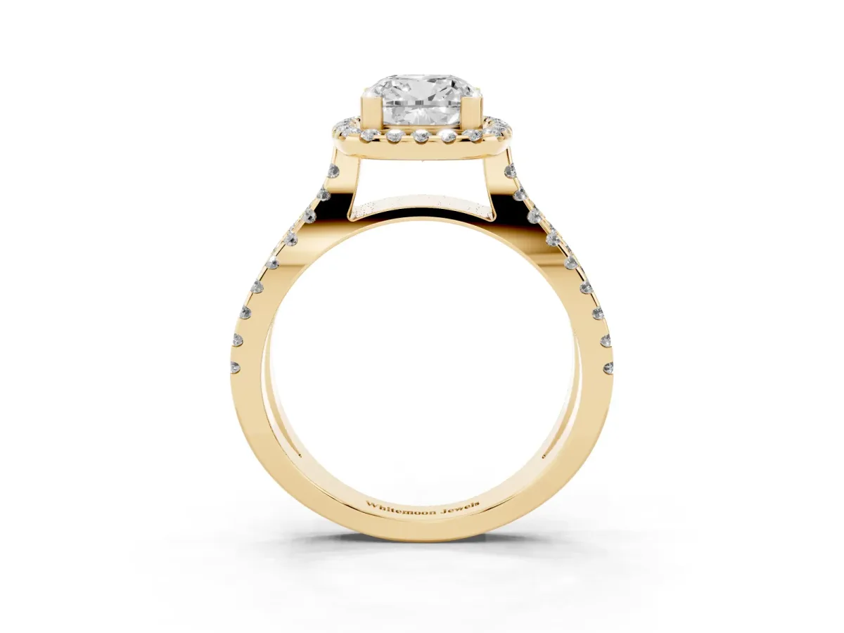 Cushion Cut Diamond Halo Ring with Split Shank Pavé Band and Prong Setting Yellow gold
