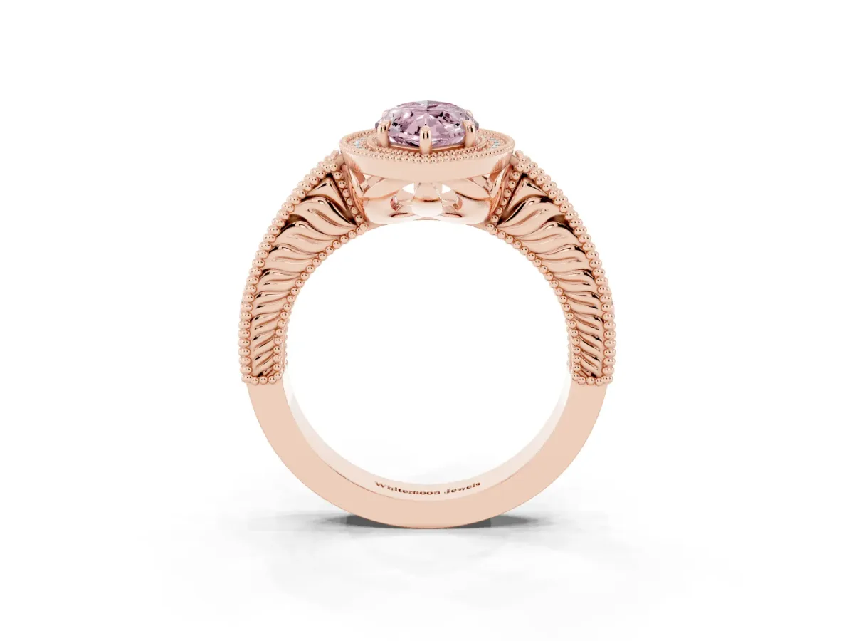 Fancy Pink Marquise Cut Cut Halo Diamond Ring with Pavé Band and Four-Prong Setting Rose gold