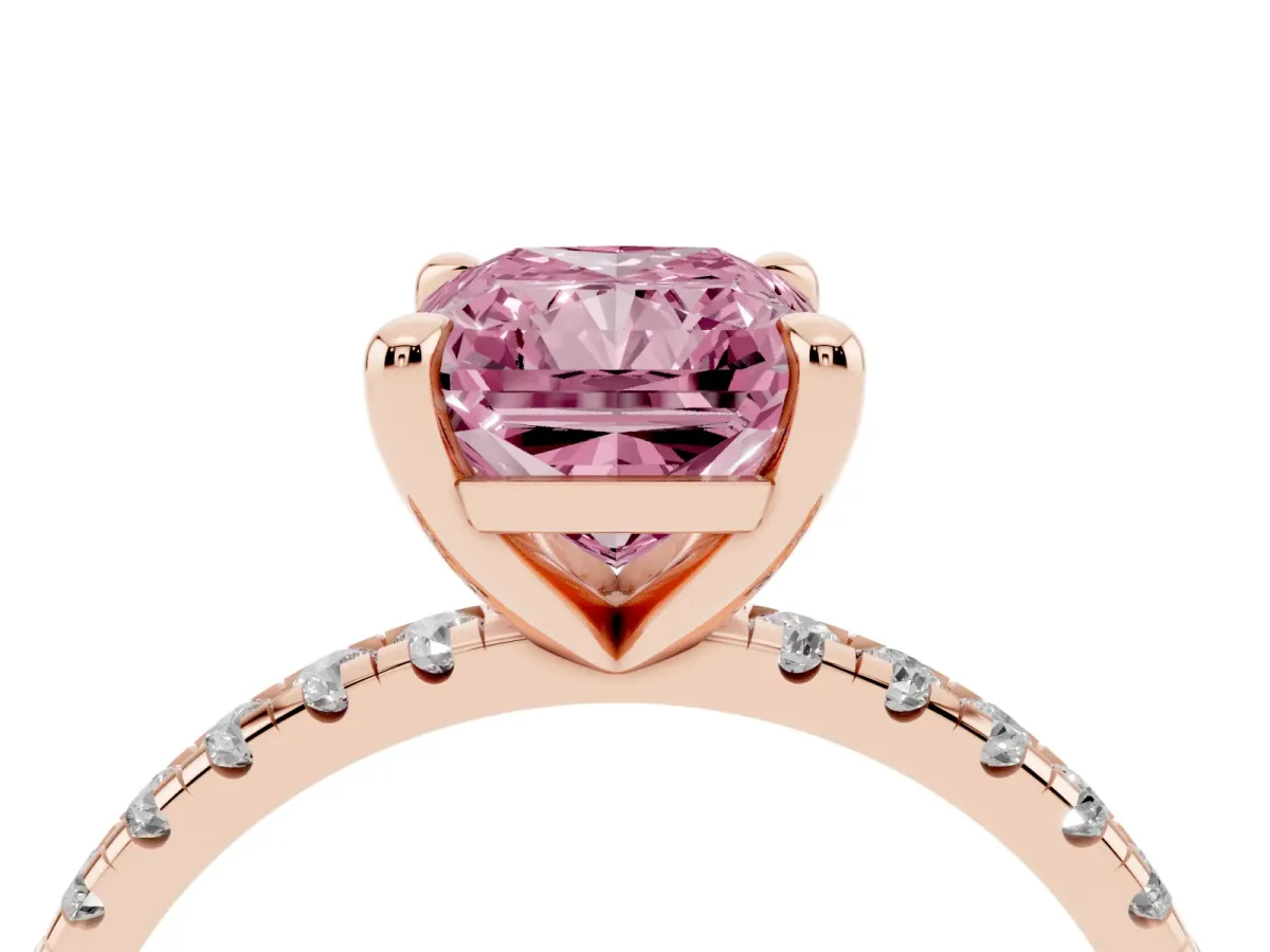 Fancy Pink Radiant Cut Diamond Brilliant Solitaire Ring with Pavé Band and Four-Prong Setting Rose gold