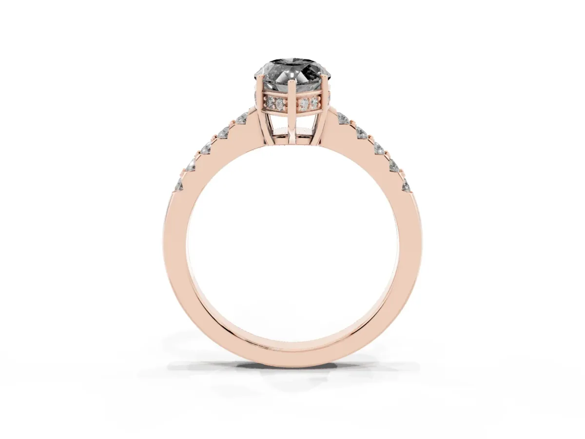 Fancy Black Marquise Cut Solitaire Diamond Engagement Ring with Pavé Band and Six-Prong Setting Rose gold