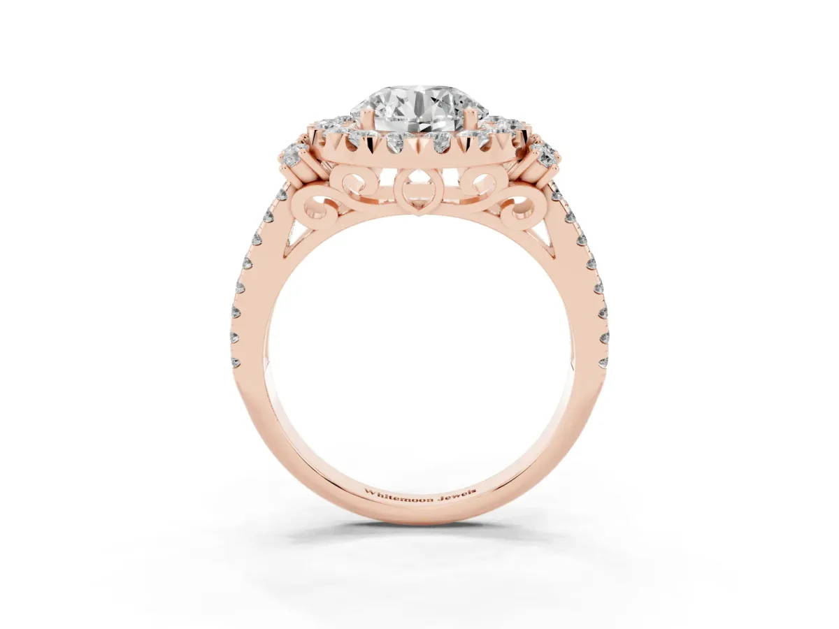 Round Cut Cut Double Halo Diamond Engagement Ring with Pave Band and Four-Prong Setting Rose gold