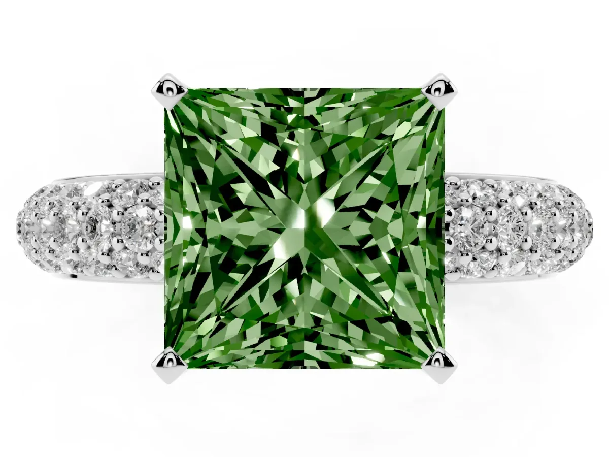 Fancy Green Princess Cut Diamond Solitaire Ring with Prong Setting and Pavé Band Silver