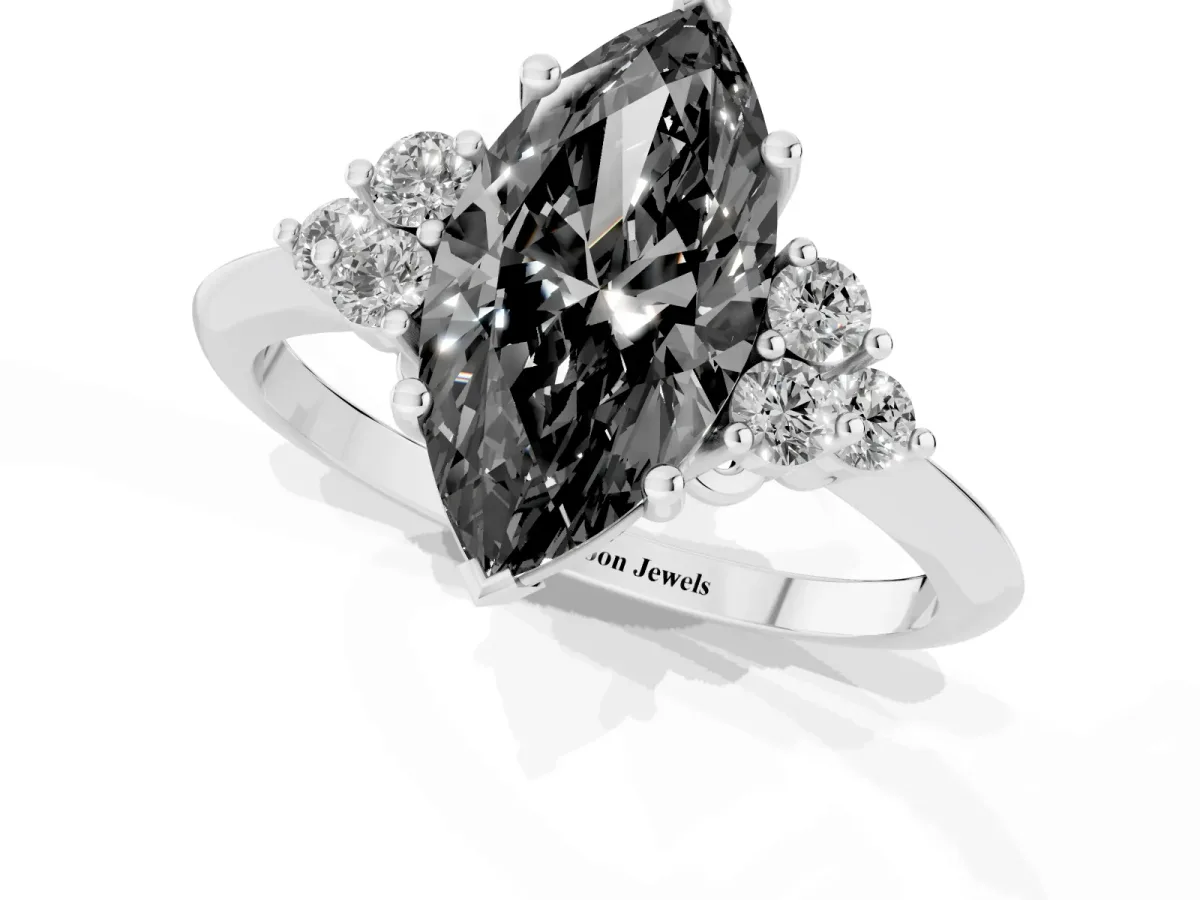 Fancy Black Marquise Cut Cut Diamond Cluster Ring with Solitaire Band and Four-Prong Setting Silver