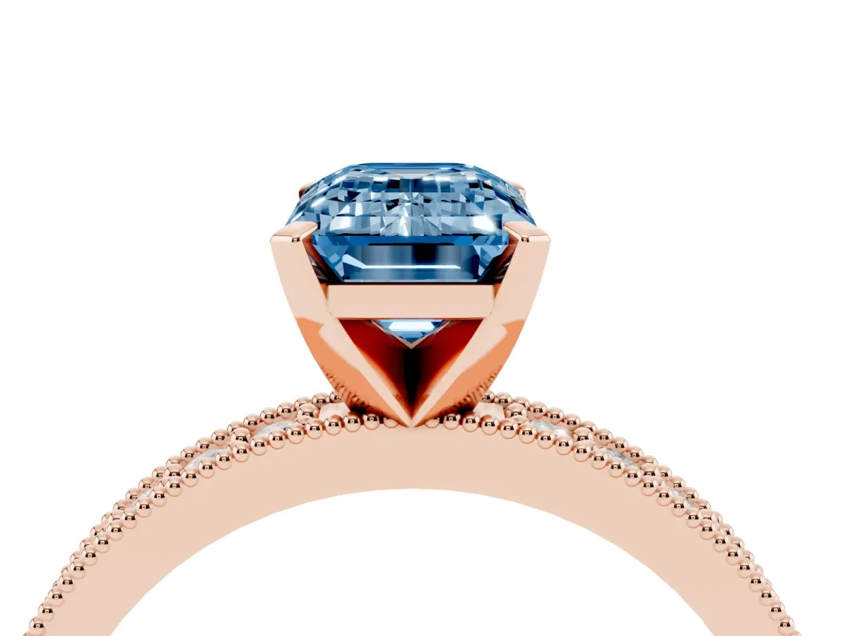 Fancy Blue Emerald Cut Diamond Milgrain Pavé Engagement Ring with Four-Prong Setting Rose gold