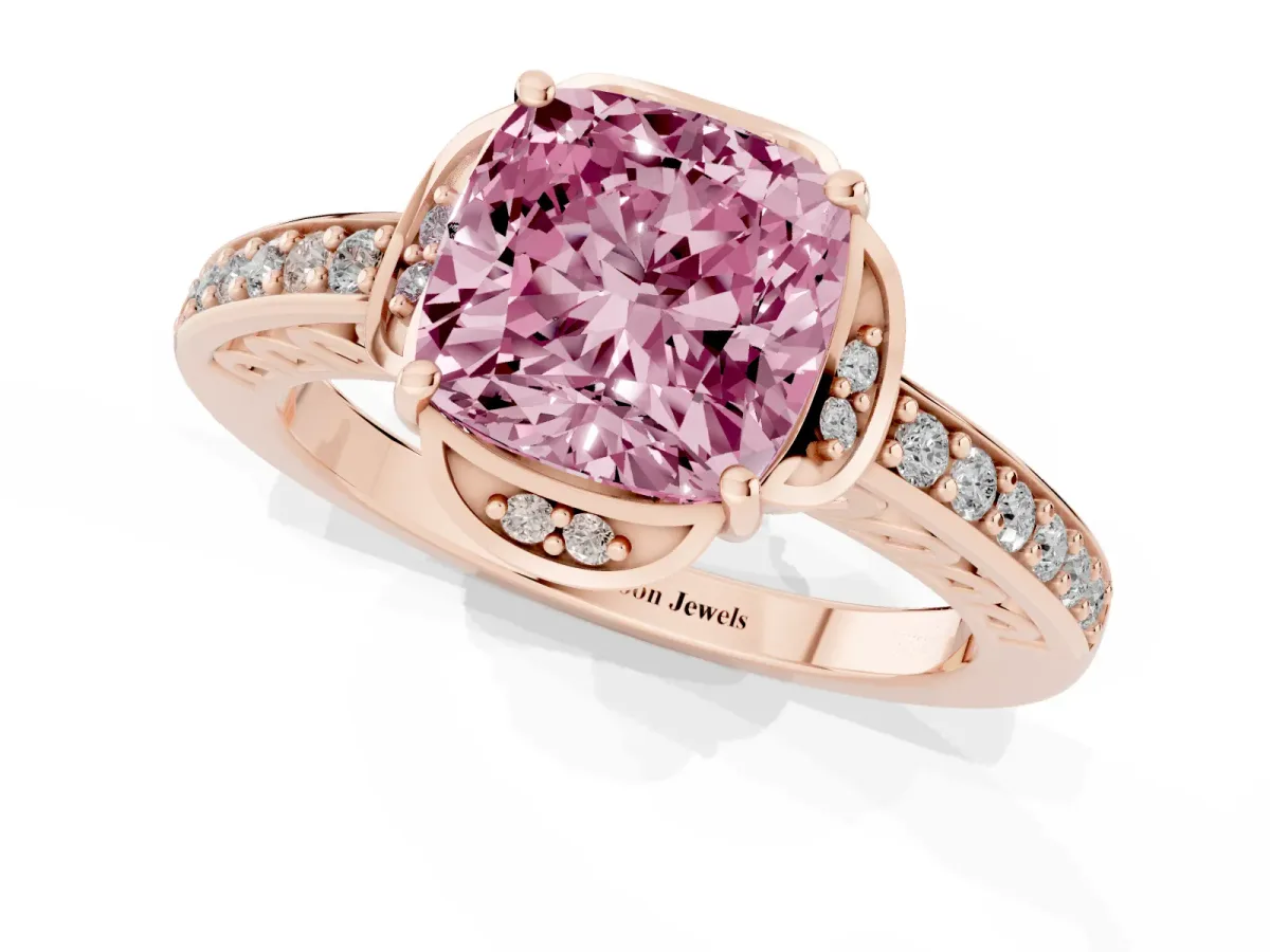 Fancy Pink Cushion Cut Cut Halo Diamond Ring with Channel Set Band and Four-Prong Setting Rose gold