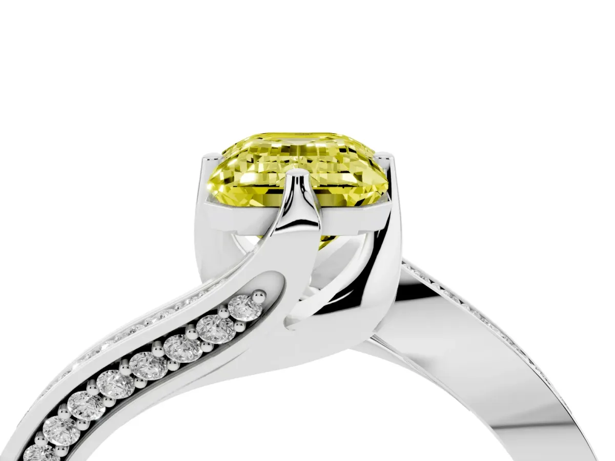 Fancy Yellow Emerald Cut Solitaire Diamond Twist Band with Pavé Setting and Four-Prong Setting Silver