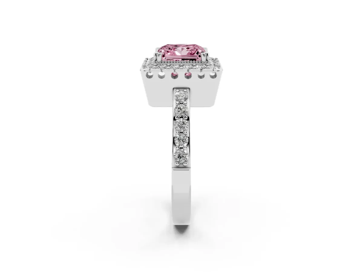 Fancy Pink Princess Cut Diamond Halo Ring with Pavé Band and Prong Setting Silver