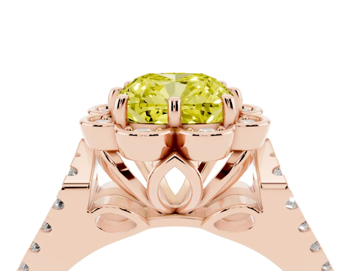 Fancy Yellow Cushion Cut Halo Diamond Floral Split Shank Engagement Ring Rose gold