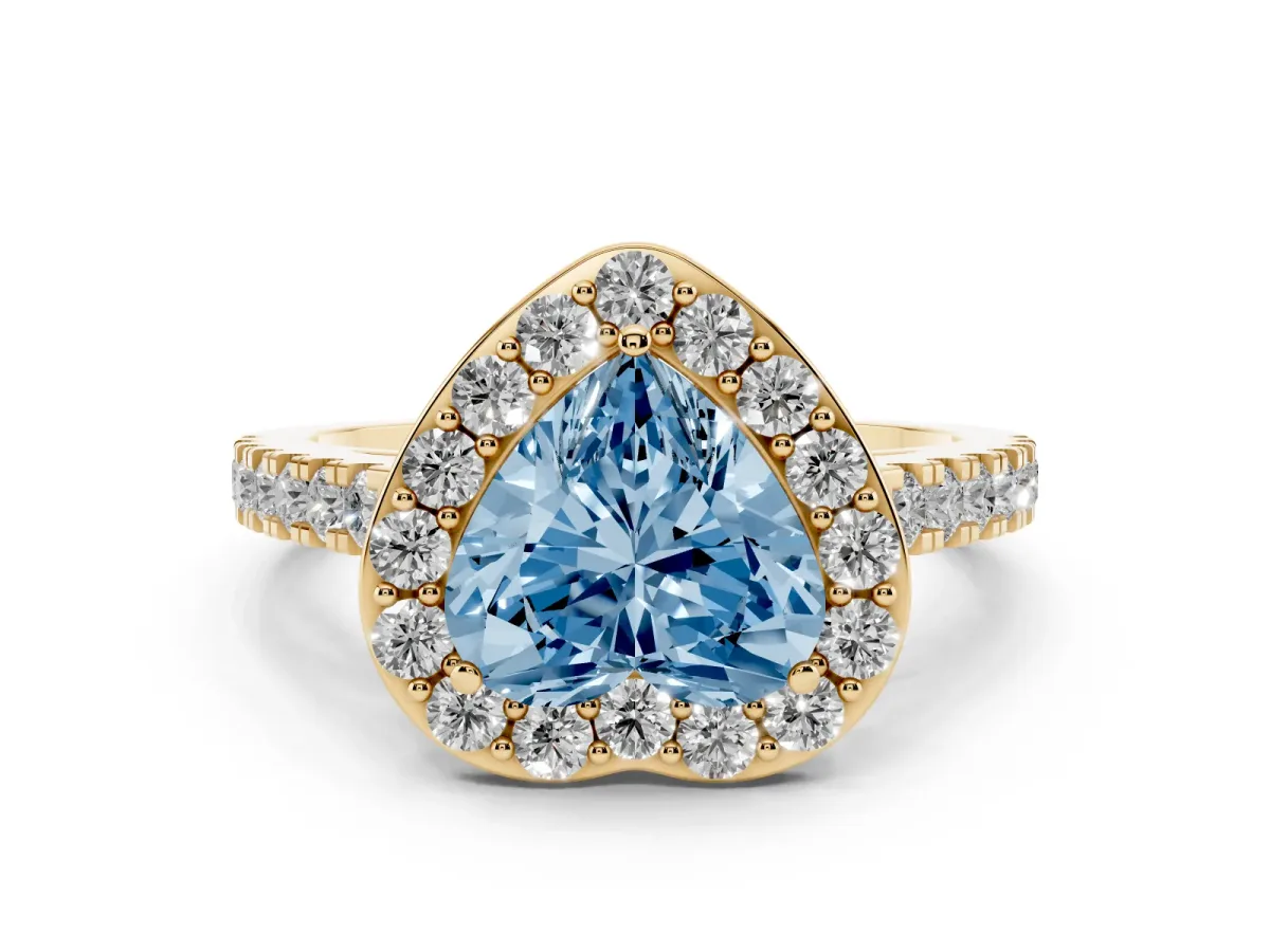Fancy Blue Heart Cut Diamond Halo Ring with Round Pavé Split Shank and Prong Setting Yellow gold