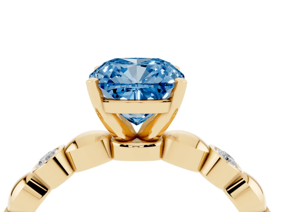 Fancy Blue Cushion Cut Solitaire Bezel-Set Diamond Ring with Beaded Band and Four-Prong Setting Yellow gold