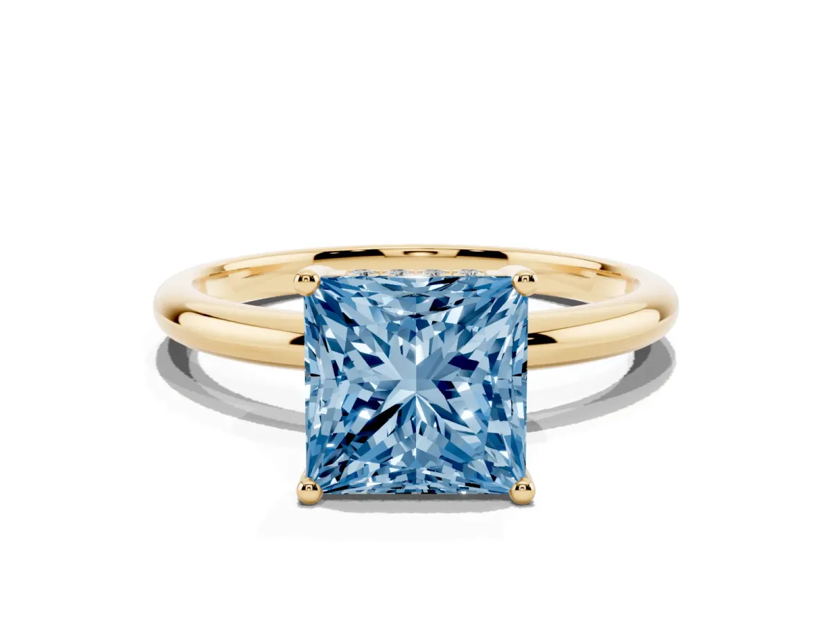 Fancy Blue Princess Cut Cut Solitaire Engagement Ring with Four-Prong Setting and Classic Band Yellow gold