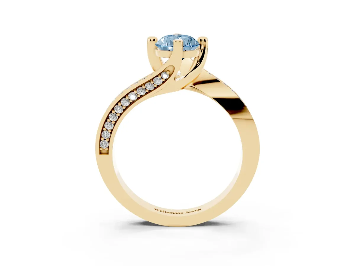 Fancy Blue Pear Cut Solitaire Diamond Twist Band with Pavé Setting and Four-Prong Setting Yellow gold