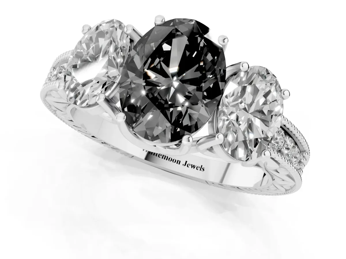 Fancy Black Three-Stone Oval Cut Cut Milgrain Pavé Engagement Ring White gold