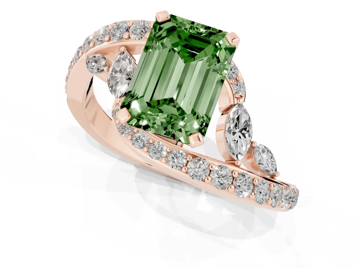 Fancy Green Emerald Cut Solitaire with Pavé Twist Band and Four-Prong Setting Rose gold