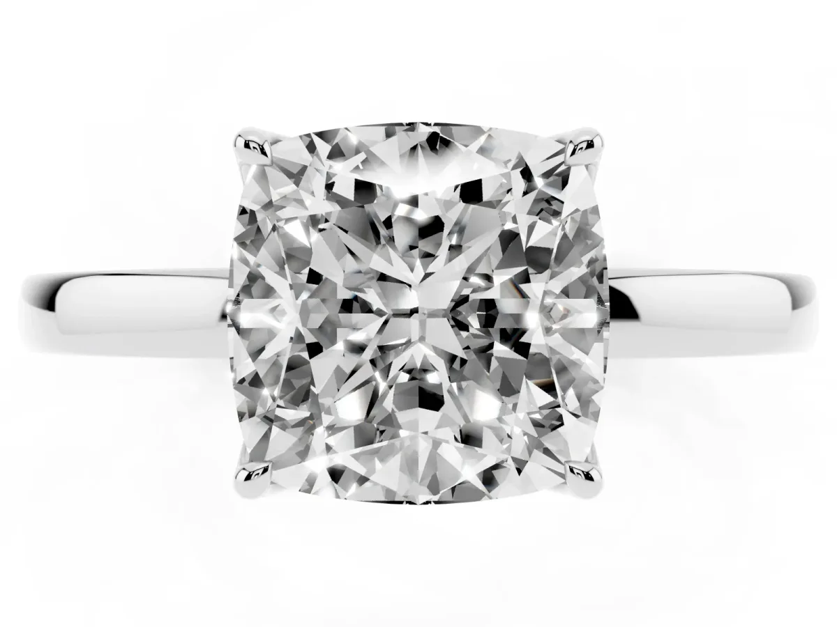 Cushion Cut Diamond Solitaire Ring with Thin Band and Prong Setting Silver