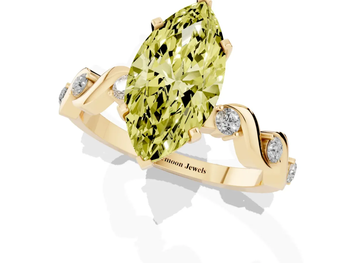 Fancy Yellow Marquise Cut Diamond Solitaire Twisted Band with Round Accents and Prong Setting Yellow gold