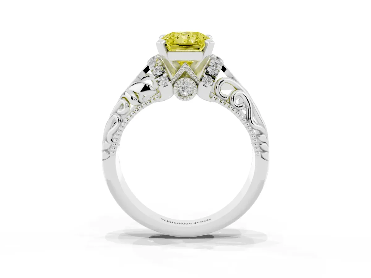 Fancy Yellow Radiant Cut Solitaire Filigree Engagement Ring with Halo and Prong Setting Platinum