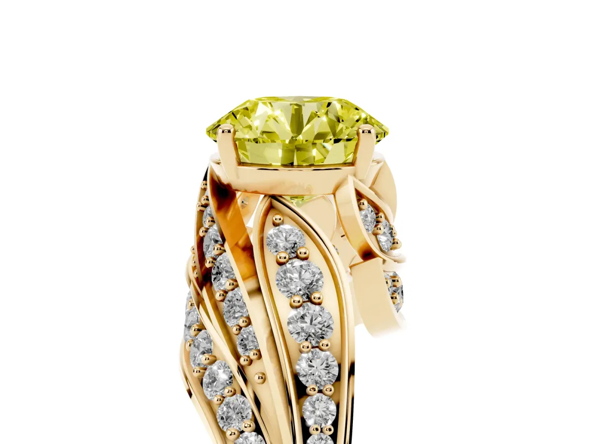 Fancy Yellow Round Cut Diamond Solitaire Ring with Prong Setting and Twisted Pavé Band Yellow gold