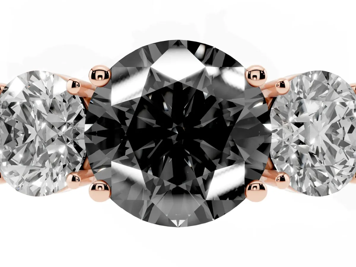 Fancy Black Three-Stone Round Cut Cut Diamond Engagement Ring with Flat Band and Four-Prong Setting Rose gold