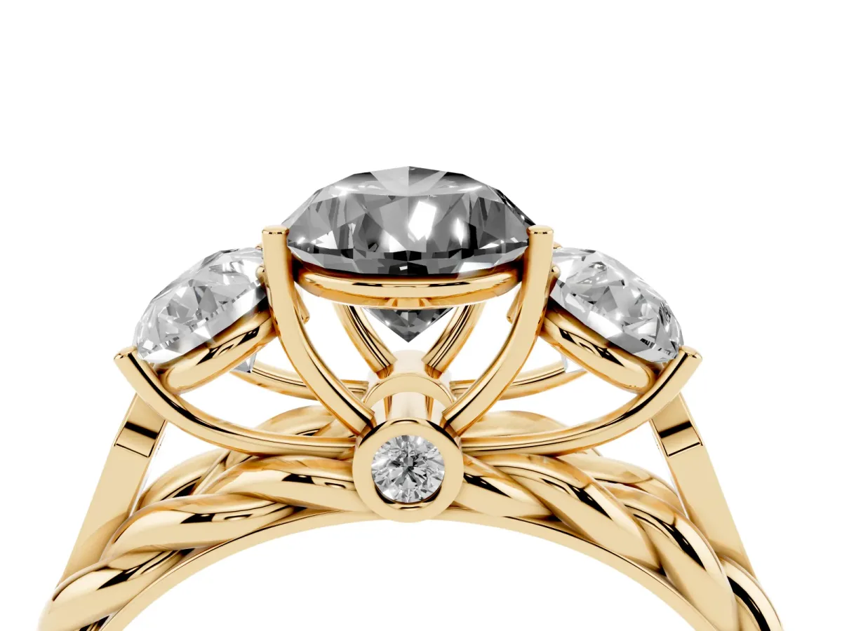 Fancy Black Three-Stone Pear Cut Diamond Braided Band Ring with Four-Prong Setting Yellow gold