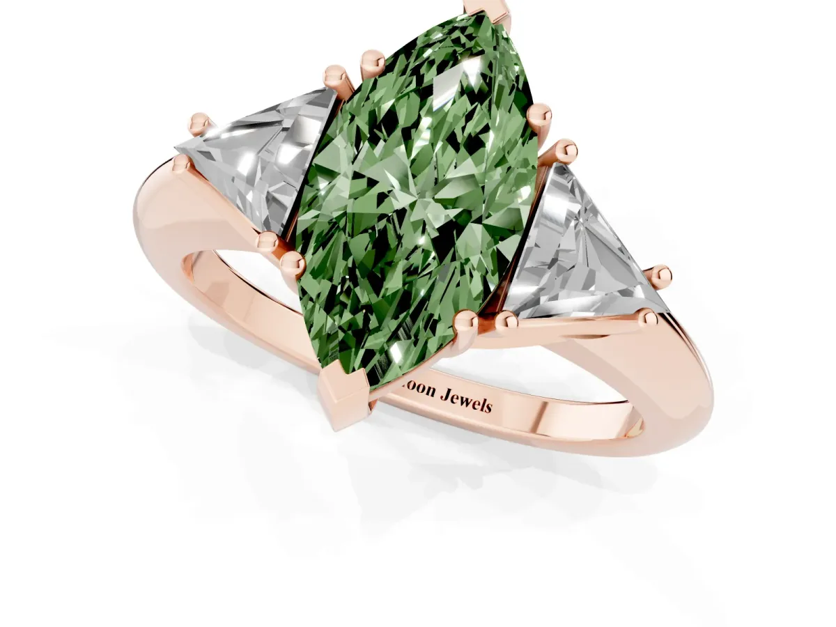 Fancy Green Three-Stone Marquise Cut Diamond Engagement Ring with Trillion Side Stones and Prong Setting Rose gold