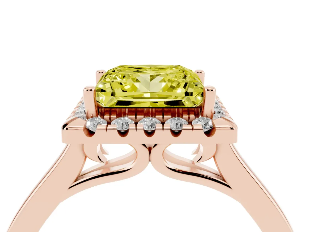 Fancy Yellow Princess Cut Halo Round Diamond Solitaire Ring with Pavé Band and Four-Prong Setting Rose gold