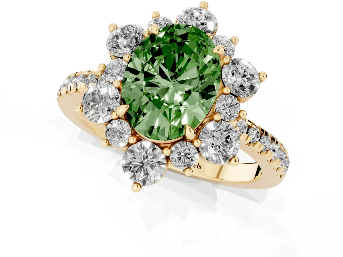Fancy Green Oval Cut Diamond Floral Halo Ring with Round Pavé Band and Prong Setting Yellow gold