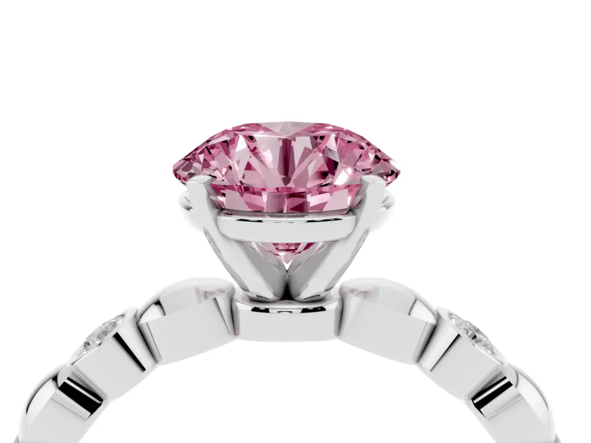 Fancy Pink Round Cut Solitaire Bezel-Set Diamond Ring with Beaded Band and Four-Prong Setting Silver