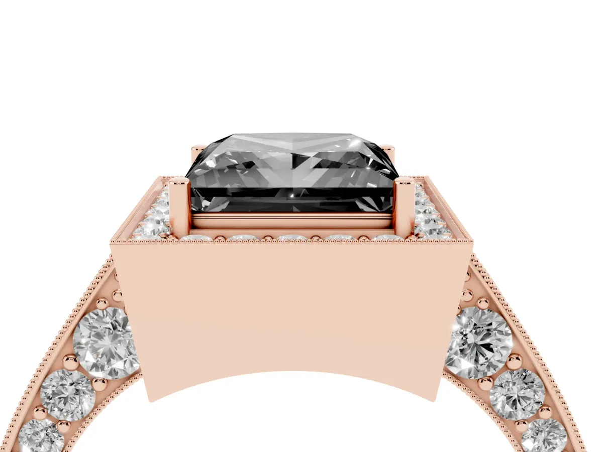 Fancy Black Princess Cut Halo Diamond Engagement Ring with Split Shank Band and Four-Prong Setting Rose gold