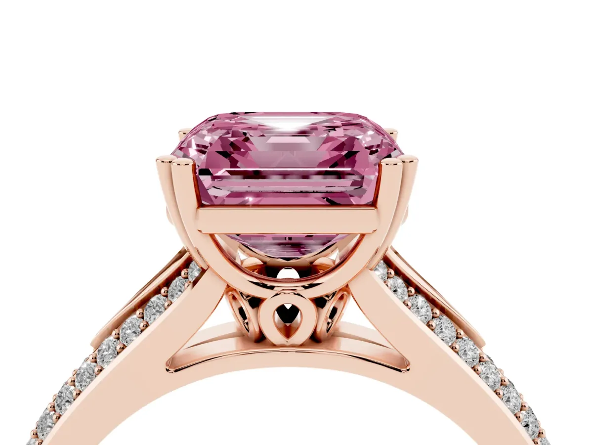 Fancy Pink Asscher Cut Diamond Split Shank Engagement Ring with Pavé Band Rose gold