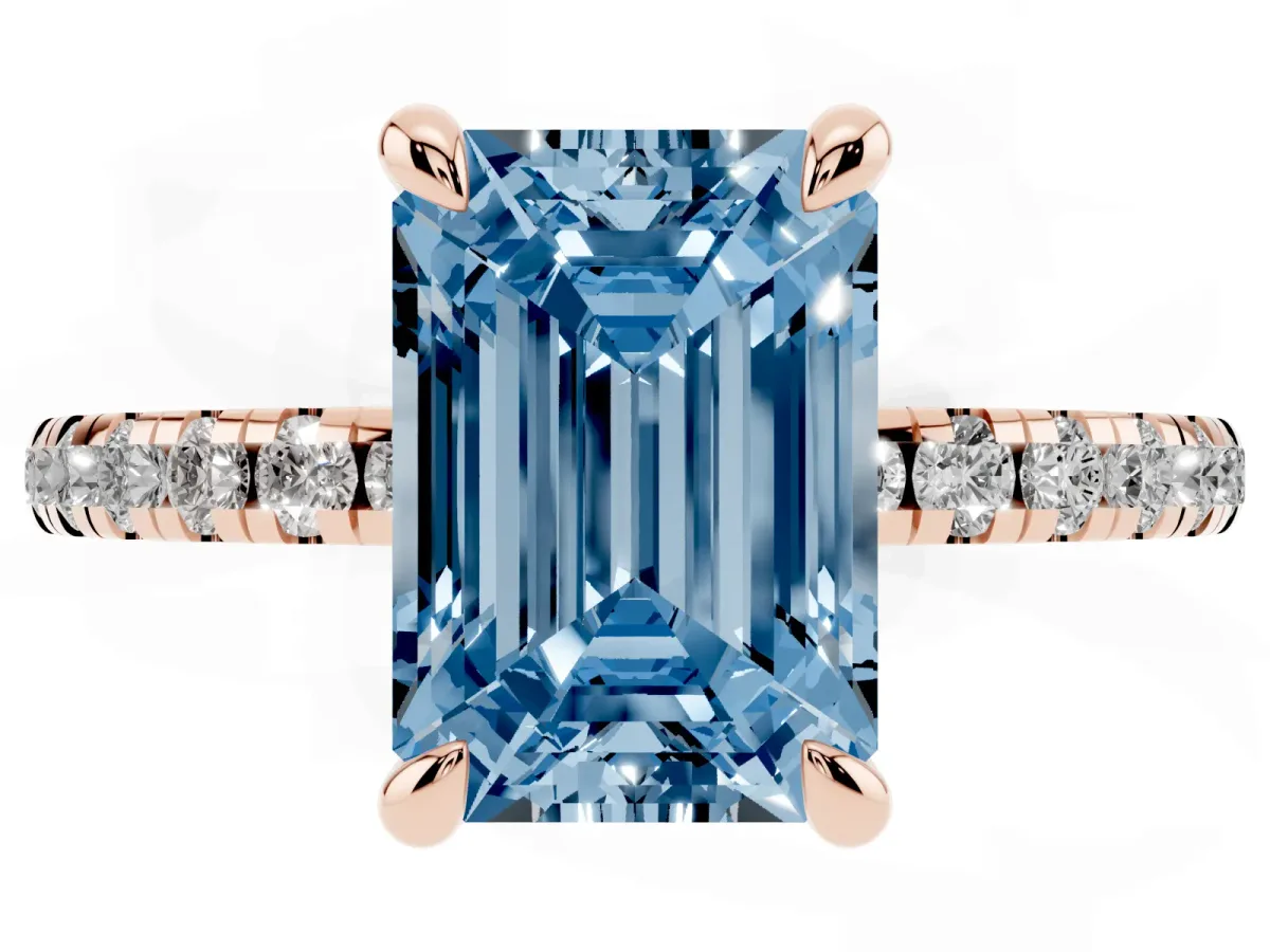 Fancy Blue Emerald Cut Diamond Brilliant Solitaire Ring with Pavé Band and Four-Prong Setting Rose gold