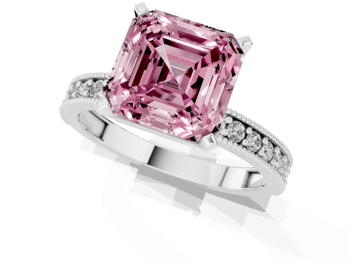 Fancy Pink Asscher Cut Diamond Milgrain Pavé Engagement Ring with Four-Prong Setting Silver