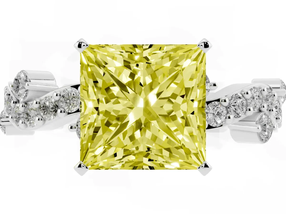Fancy Yellow Princess Cut Cut Solitaire Diamond Twisted Band with Pave Setting Platinum