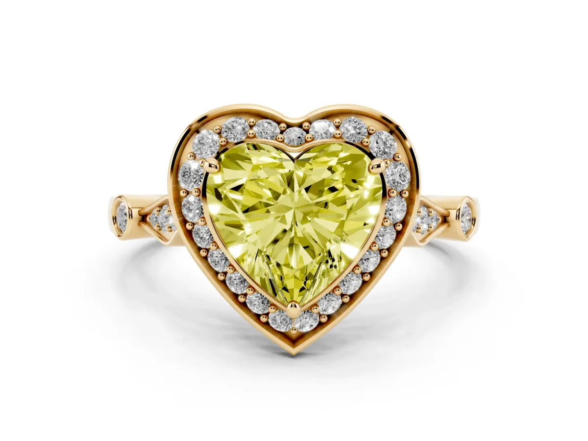Fancy Yellow Heart Cut Halo Diamond Engagement Ring with Twisted Band and Four-Prong Setting Yellow gold