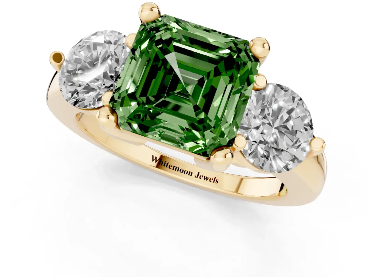 Fancy Green Three-Stone Asscher Cut Brilliant Cut Solitaire Ring with Prong Setting on a Classic Band Yellow gold