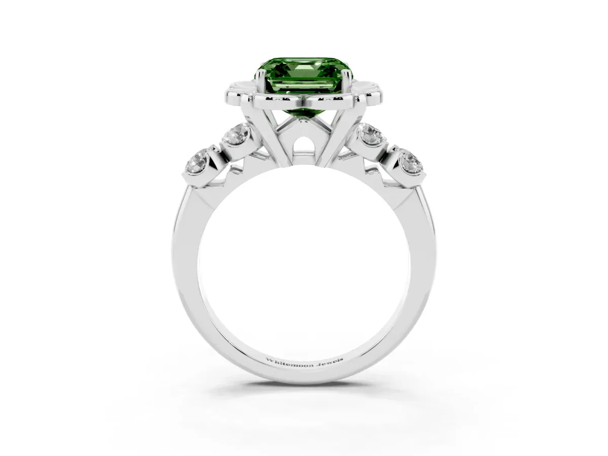 Fancy Green Asscher Cut Cut Diamond Floral Halo Engagement Ring with Shared Prong Setting Silver