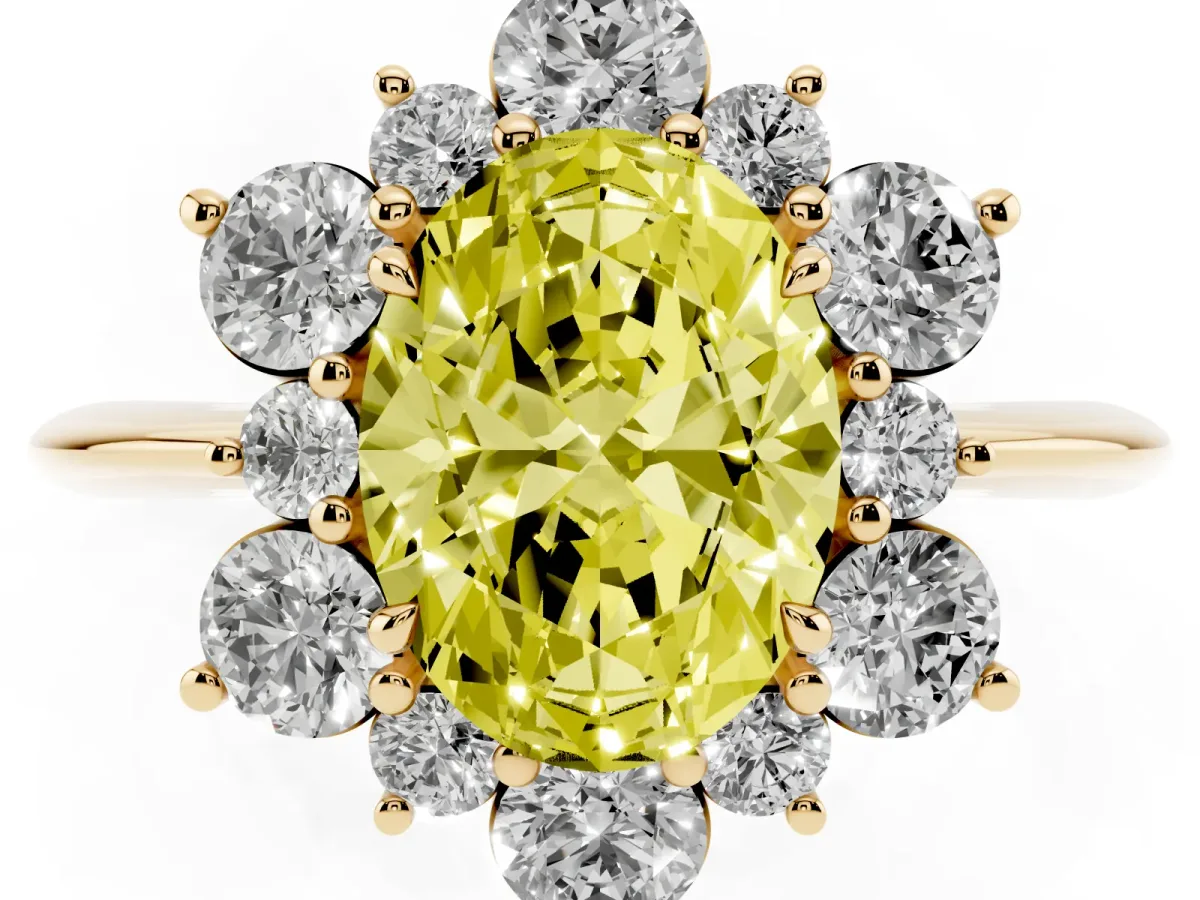 Fancy Yellow Oval Cut Diamond Cluster Halo Ring with Solitaire Band and Four-Prong Setting Yellow gold