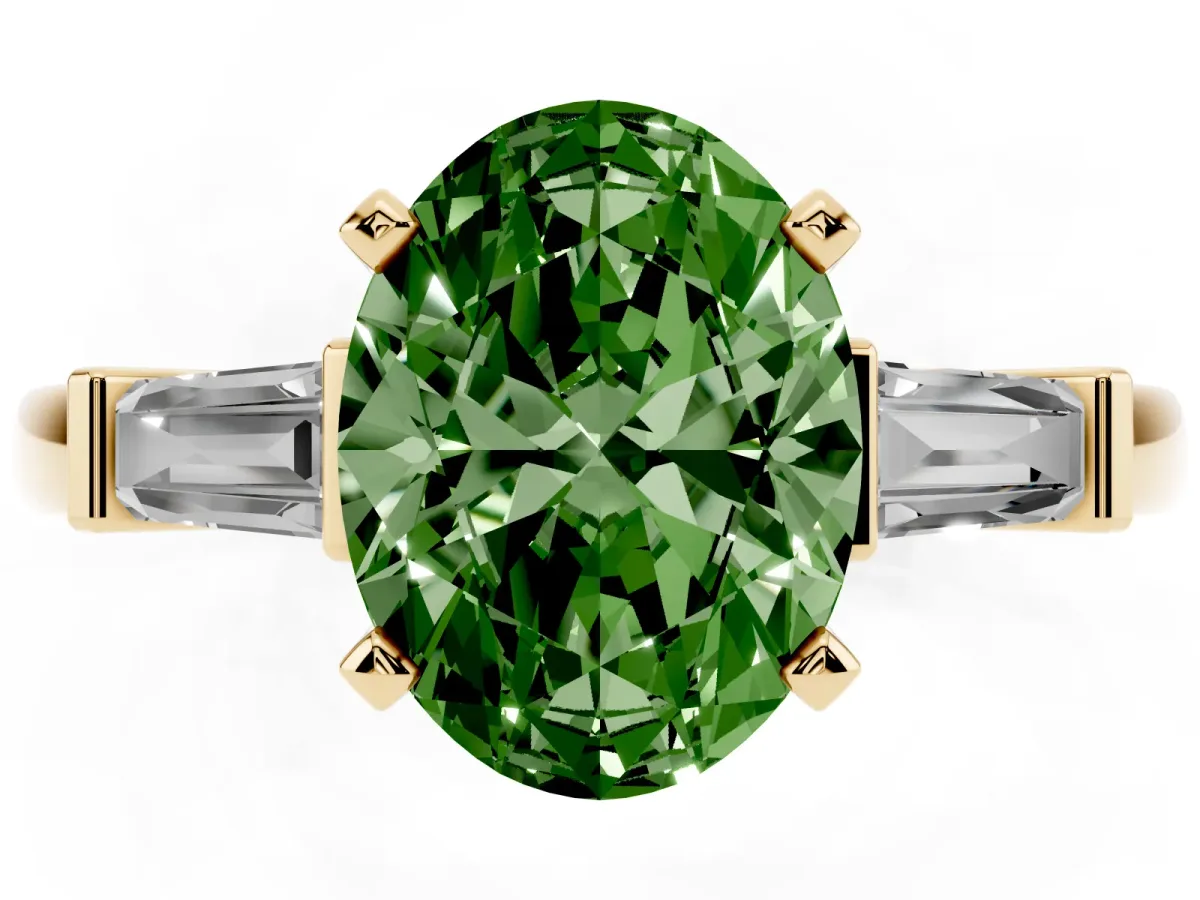 Fancy Green Oval Cut Cut Diamond Solitaire Ring with Tapered Baguette Accents and Four-Prong Setting Yellow gold