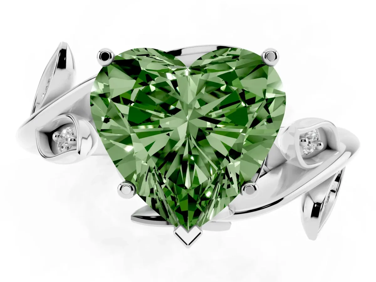Fancy Green Heart Cut Solitaire Twist Engagement Ring with Leaf Accents and Prong Setting Silver