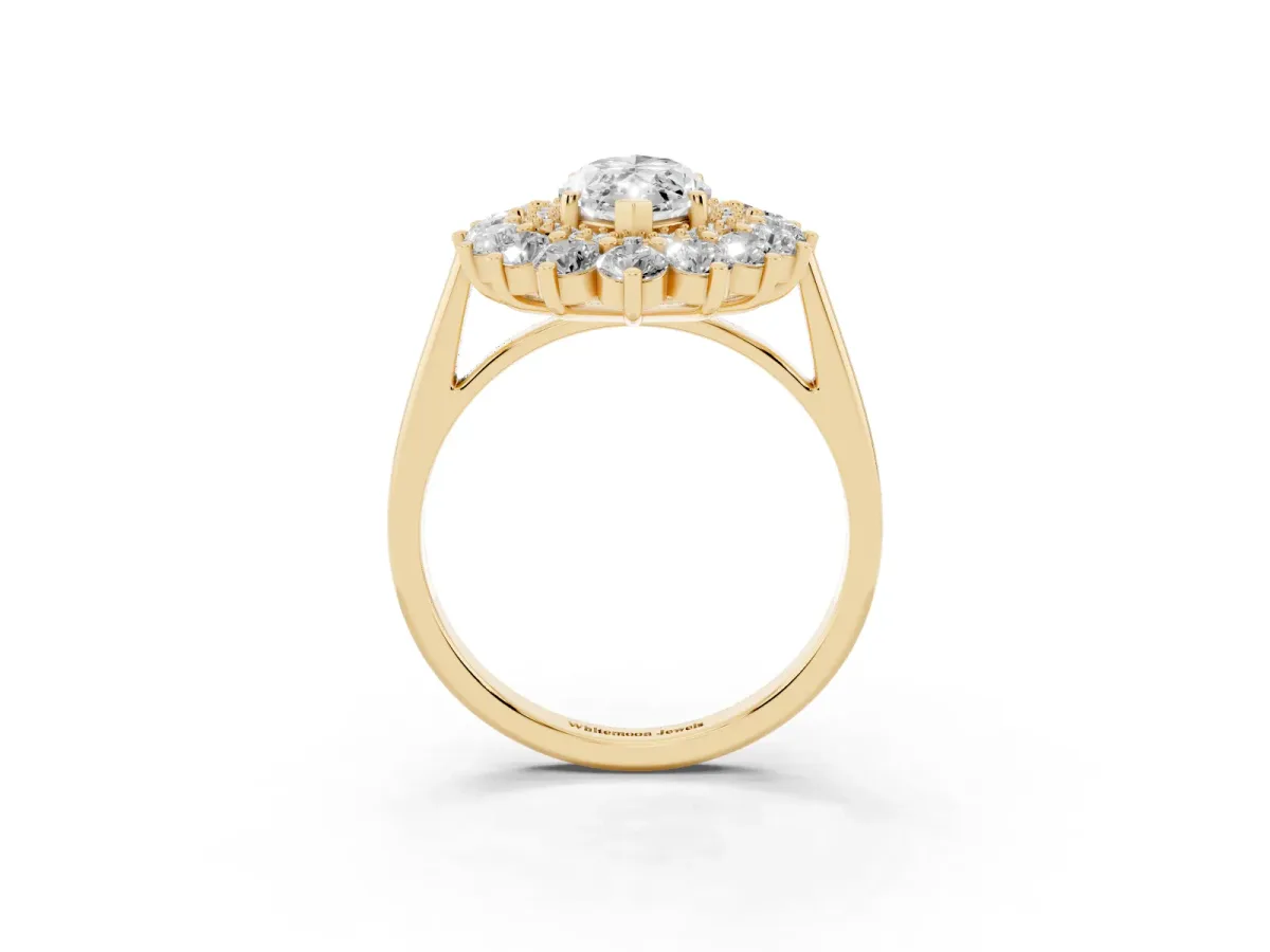 Marquise Cut Diamond Floral Double Halo Engagement Ring with Prong Setting Yellow gold