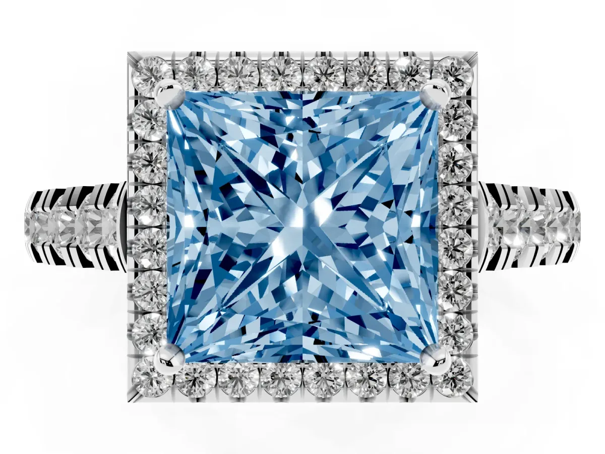 Fancy Blue Princess Cut Halo Pavé Diamond Engagement Ring with Four-Prong Setting Platinum