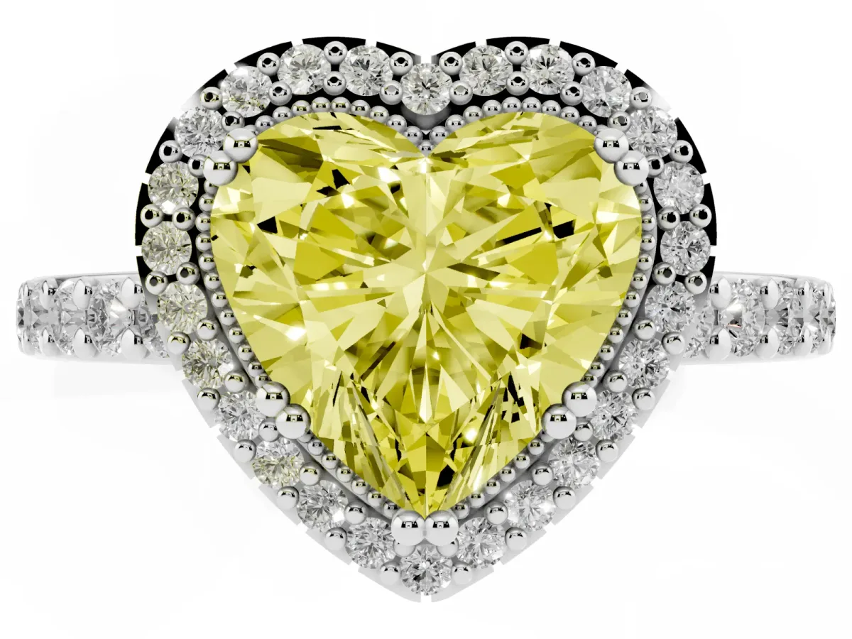 Fancy Yellow Heart Cut Cut Diamond Halo Engagement Ring with Milgrain Detail and Pavé Band Silver