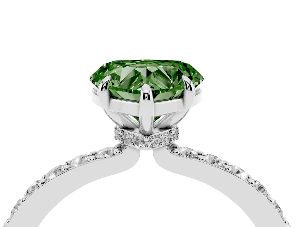 Fancy Green Heart Cut Diamond Pavé Engagement Ring with Round Accents and Prong Setting Platinum