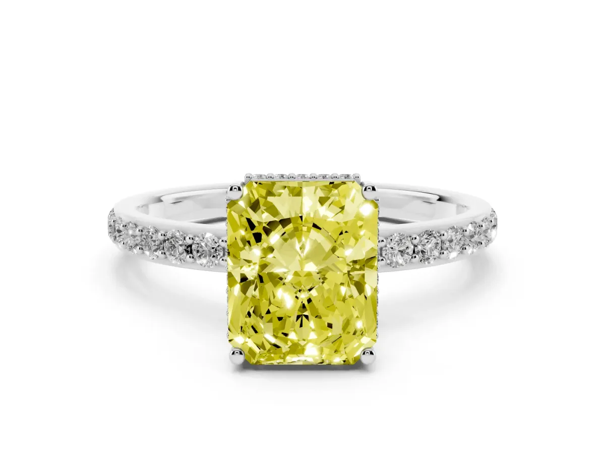 Fancy Yellow Radiant Cut Diamond Solitaire Ring with Pavé Band and Hidden Halo Platinum