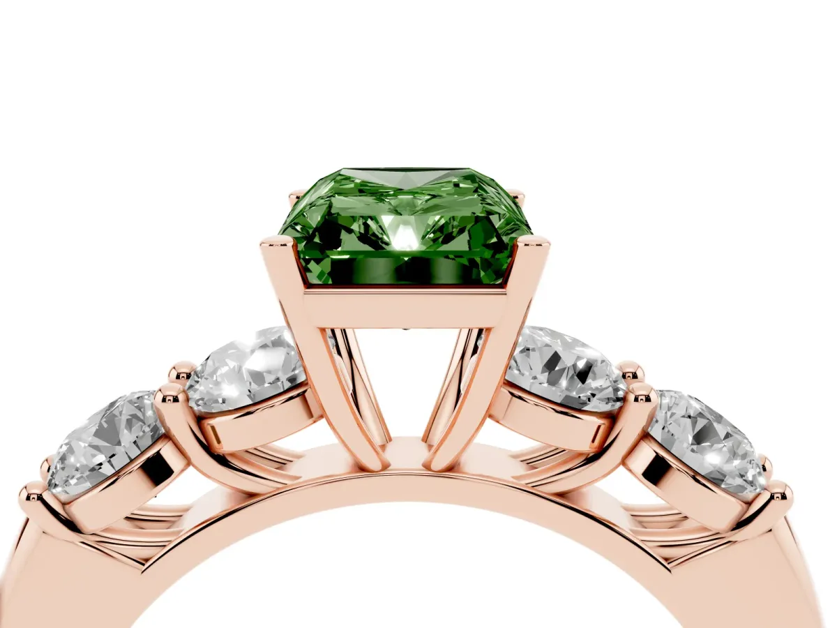 Fancy Green Radiant Cut Cut Five-Stone Prong Set Diamond Ring with Classic Band Rose gold