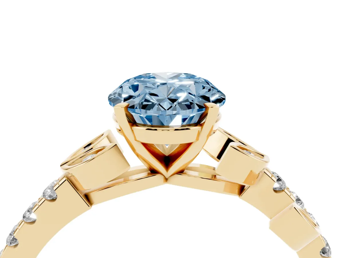 Fancy Blue Oval Cut Solitaire Leaf-Inspired Diamond Ring with Pavé Band and Four-Prong Setting Yellow gold