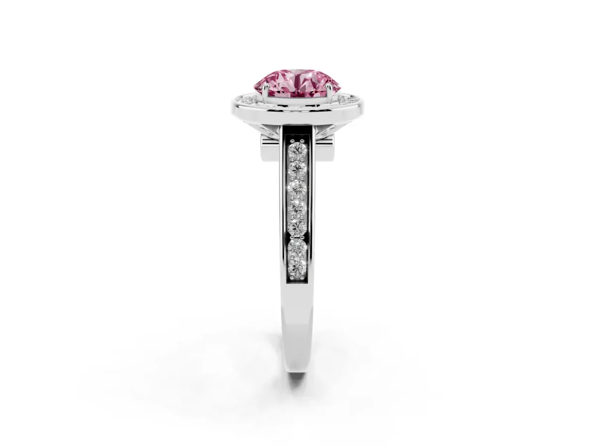 Fancy Pink Round Cut Halo Solitaire Diamond Ring with Pave Band and Bezel Setting Silver